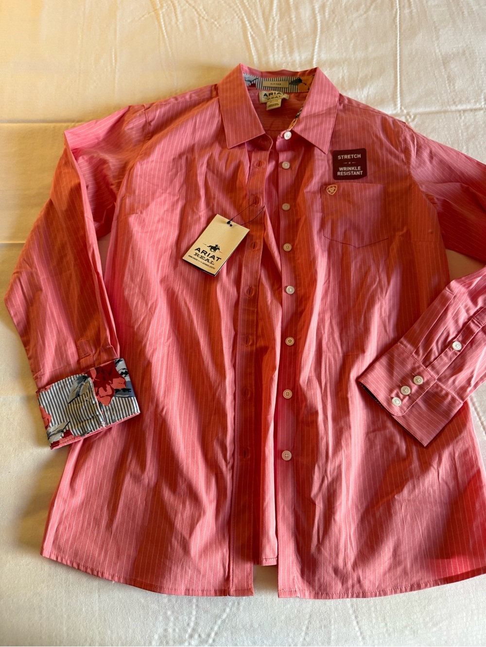 Ariat womens Pink Striped Stretch Wrinkle-Resistant Button-Down Shirt - Picture 1 of 9
